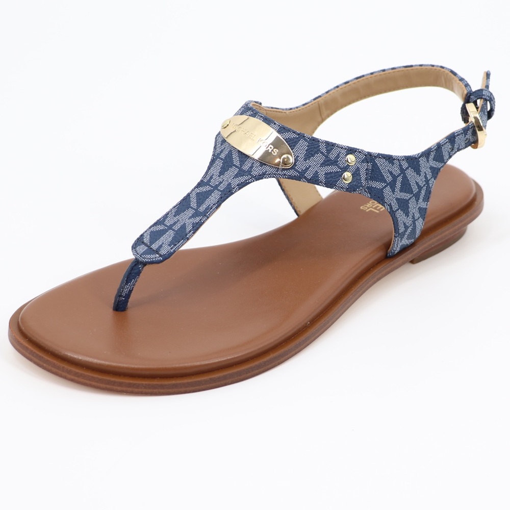 Michael Kors 7 Signature MK Logo Plate Thong Sandals Denim New